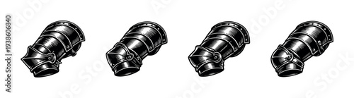 Set of four medieval armor gauntlets in black and white illustration style