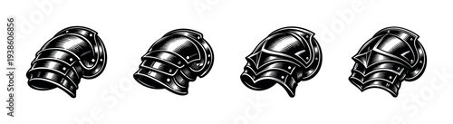 Black and white vintage medieval armor vector illustration set