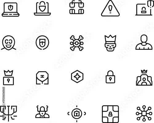 Cybersecurity icons, digital protection, hacker threat, malware attack, secure network, shield symbol, padlock, ransomware, online safety, data security, privacy protection