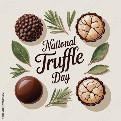 National Truffle Day lettering greeting poster with truffle illustration and green leaves