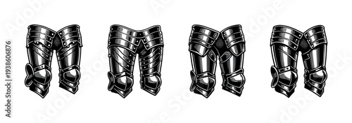 Set of medieval knight leg armor illustrations in black and white vector style
