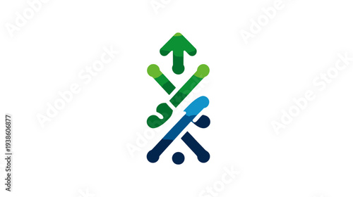 A geometric illustration of various interconnected lines and shapes, mostly in shades of green and blue