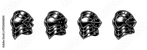 Set of four knight helmets vector silhouette black and white illustration