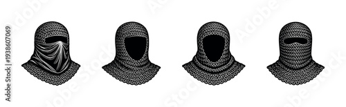 Set of medieval helmets and chainmail, vector illustration in black and white style