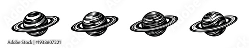Black and white vector illustration of planet with rings in silhouette style