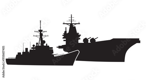Naval Warship Silhouette, black silhouette of large battleship at sea, showing maritime strength and military power, vector illustration isolated