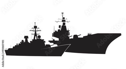 Naval Warship Silhouette, striking black silhouette of large military ship at sea, demonstrating maritime power, vector illustration of naval strength