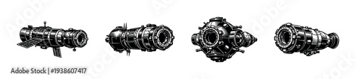 Vector illustration of spacecraft modules in black and white silhouette style