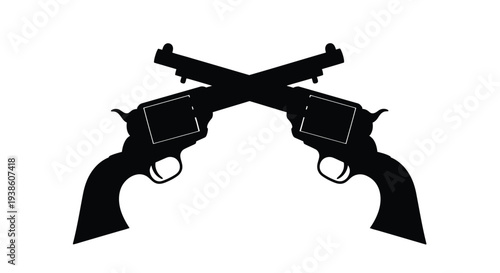 Two revolvers crossed in a stark black and white silhouette illustration