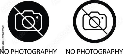 No photography icons set prohibition camera symbol with forbidden photo sign, restricted picture rule pictogram for museum security and public place warning vector illustration collection group