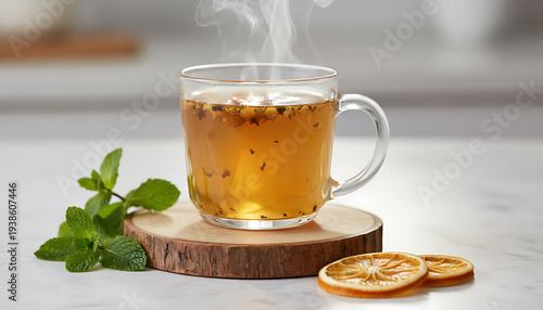 Steaming herbal tea in glass mug with mint and dried orange slices