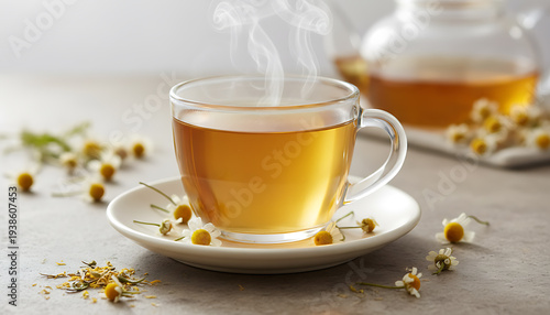 Steaming chamomile tea in glass cup with dried flowers
