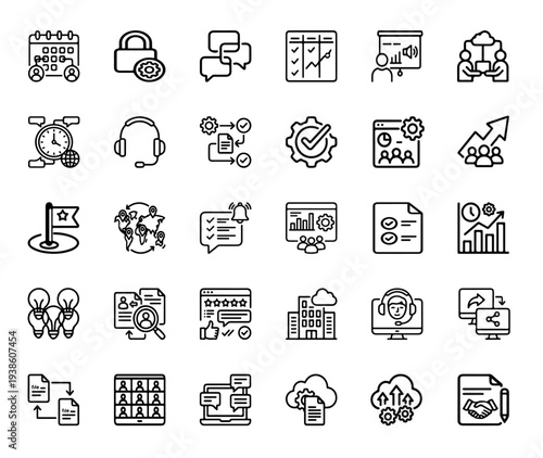 Remote Team Collaboration Line Icons Set – Editable Vector Icons for Business, Communication and Online Work