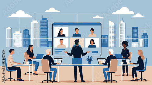 Business team participates in a hybrid meeting with remote colleagues displayed on a large screen against a stylized cityscape backdrop.