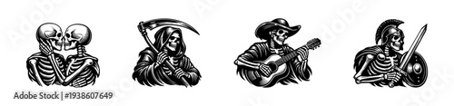 Skeleton illustrations set black and white vector grim reaper musician gladiator romantic theme
