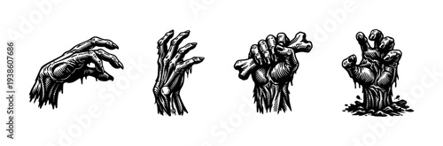 Zombie hand illustrations set featuring black and white creepy grasping movements