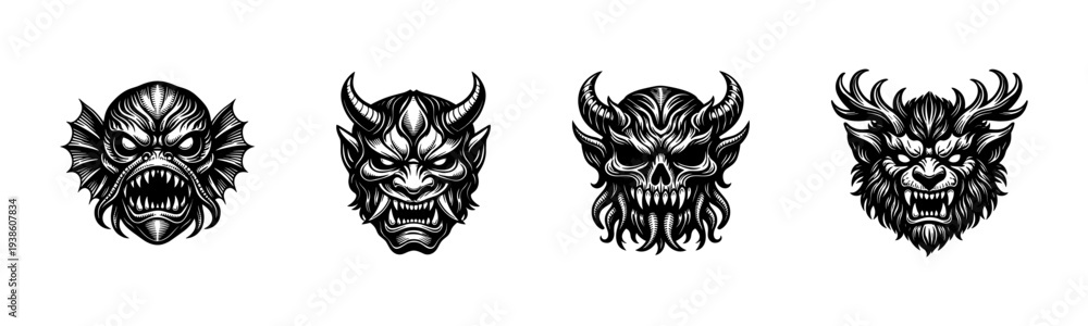 Fototapeta premium Set of four detailed black and white demon mask illustrations with horns and fangs