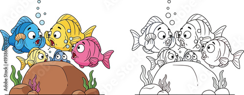 Curious Cartoon Fish Peeking Over Rock Underwater Scene with Group of Colorful Animals for Kids Coloring Book or Educational Design