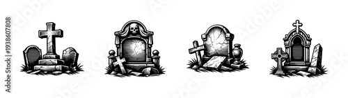 Set of black and white vector gravestone illustrations with cross and skull elements