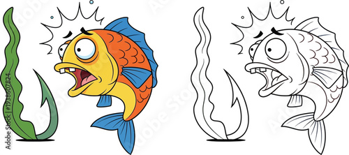 Scared Cartoon Fish Seeing Fishing Hook Underwater Danger Concept for Kids Coloring Book or Safety Illustration
