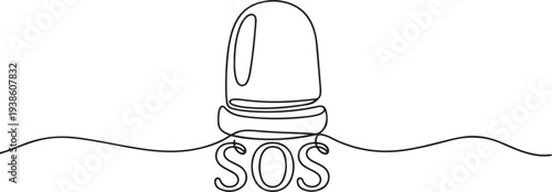 Single one line drawing flasher siren with text SOS. SOS concept. Continuous line draw design graphic vector illustration. one line art icon drawing vector