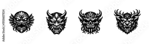 Set of four detailed black and white demon mask illustrations with horns and fangs