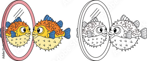 Cute Cartoon Pufferfish Looking at Reflection in Mirror Self Discovery Concept for Kids or Humorous Design