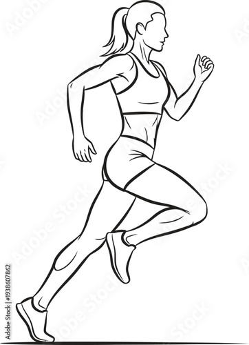 A dynamic line drawing depicts a female athlete in mid stride showcasing the motion of running