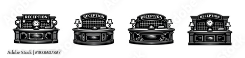 Vintage reception desks illustration set in black and white vector style