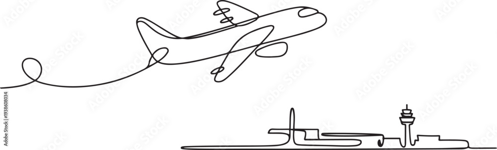 Fototapeta premium Small plane taking off in continuous line art drawing style, One continuous line drawing of airport icon. one line art icon drawing vector