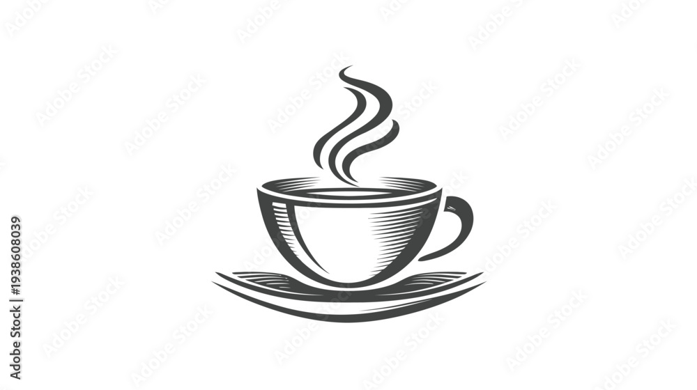 Obraz premium Classic Steaming Hot Coffee or Tea Cup on a Saucer, Hand-Drawn Vector Illustration in Monochrome Grayscale Style