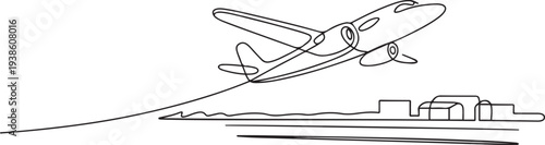 Small plane taking off in continuous line art drawing style, One continuous line drawing of airport icon. one line art icon drawing vector