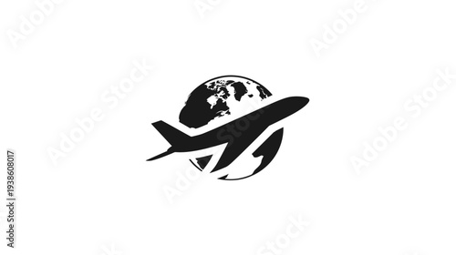 Global travel concept icon with airplane flying around the world globe. International journey and transport symbol on white background.