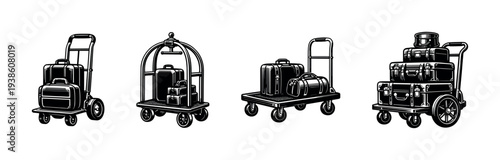 Retro luggage carts with suitcases illustration set in black and white
