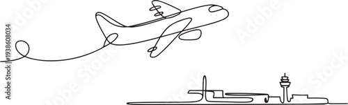 Small plane taking off in continuous line art drawing style, One continuous line drawing of airport icon. one line art icon drawing vector