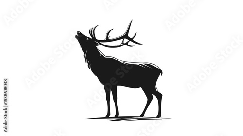 Majestic stag silhouette roaring powerfully, isolated on white. Black deer or elk with large antlers bugling, wildlife illustration.
