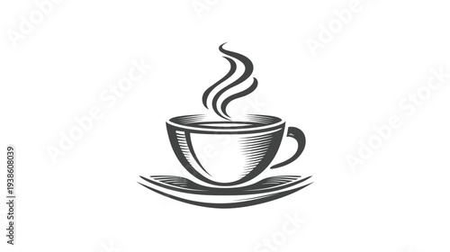 Classic Steaming Hot Coffee or Tea Cup on a Saucer, Hand-Drawn Vector Illustration in Monochrome Grayscale Style