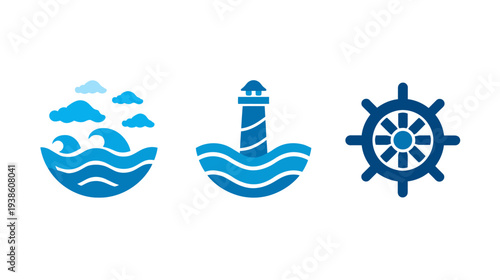 Nautical Vector Icons Set: Sea Waves, Lighthouse, and Ship Steering Wheel - Ocean Travel & Maritime Adventure Graphics Collection