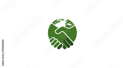 Green global partnership handshake icon symbolizing environmental sustainability, international collaboration, and ecological responsibility.