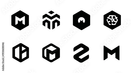 Abstract geometric logo concepts set, modern black and white hexagonal design elements for corporate branding and identity solutions