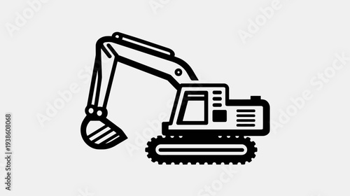 Excavator icon, heavy construction machinery, digger vehicle with shovel and tracks, vector illustration for industrial design