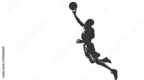 Monochrome silhouette of a basketball player jumping with a ball, representing athleticism and competitive sport.