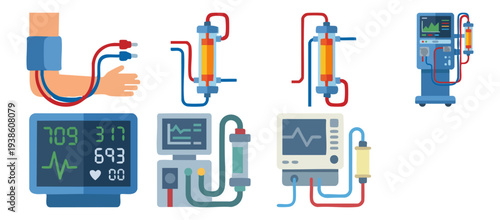  DIALYSIS MACHINE - Medical monitor with fluid tubes and filter  Flat Vector Illustration on Transparent Background
