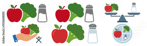 DIETARY CONTROL - Apple and broccoli next to a salt shaker icon  Flat Vector Illustration on Transparent Background
