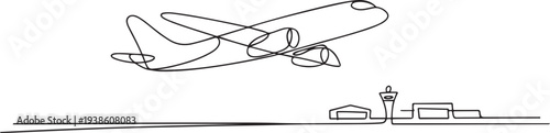 Small plane taking off in continuous line art drawing style, One continuous line drawing of airport icon. one line art icon drawing vector