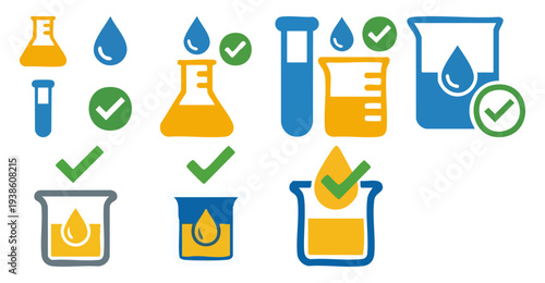 URINE ANALYSIS - Beaker with a liquid droplet and check mark  Flat Vector Illustration on Transparent Background