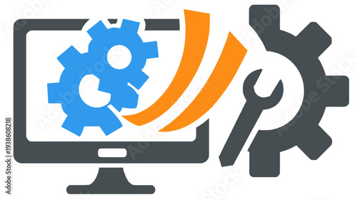 Technical support and computer service concept with monitor, gears, wrench, and wireless signal waves for system maintenance and optimization