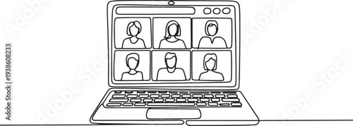 Video call of colleagues or relatives. A laptop for work or study. Portable personal computer. Vector illustration. one line art icon drawing vector