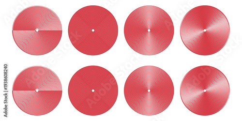 Red concentric ripple circles set. Sonar or sound wave rings collection. Epicentre, target, radar icon concept. Radial signal or vibration elements. Halftone vector illustration