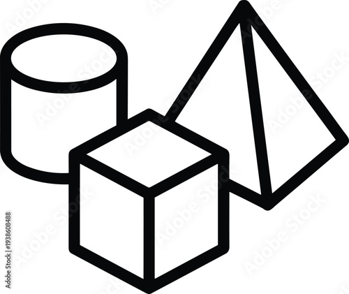 Cylinder cube pyramid icon, 3D geometric shapes symbol, mathematics illustration, spatial reasoning graphic, black and white design, educational logo